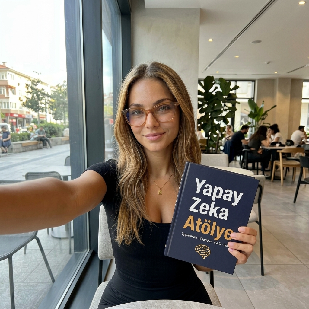 Yapay Zeka Atölye kitabını tutan yapay zekâ influencerı