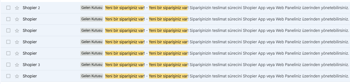 Arka arkaya gelen gerçek Shopier sipariş bildirimleri